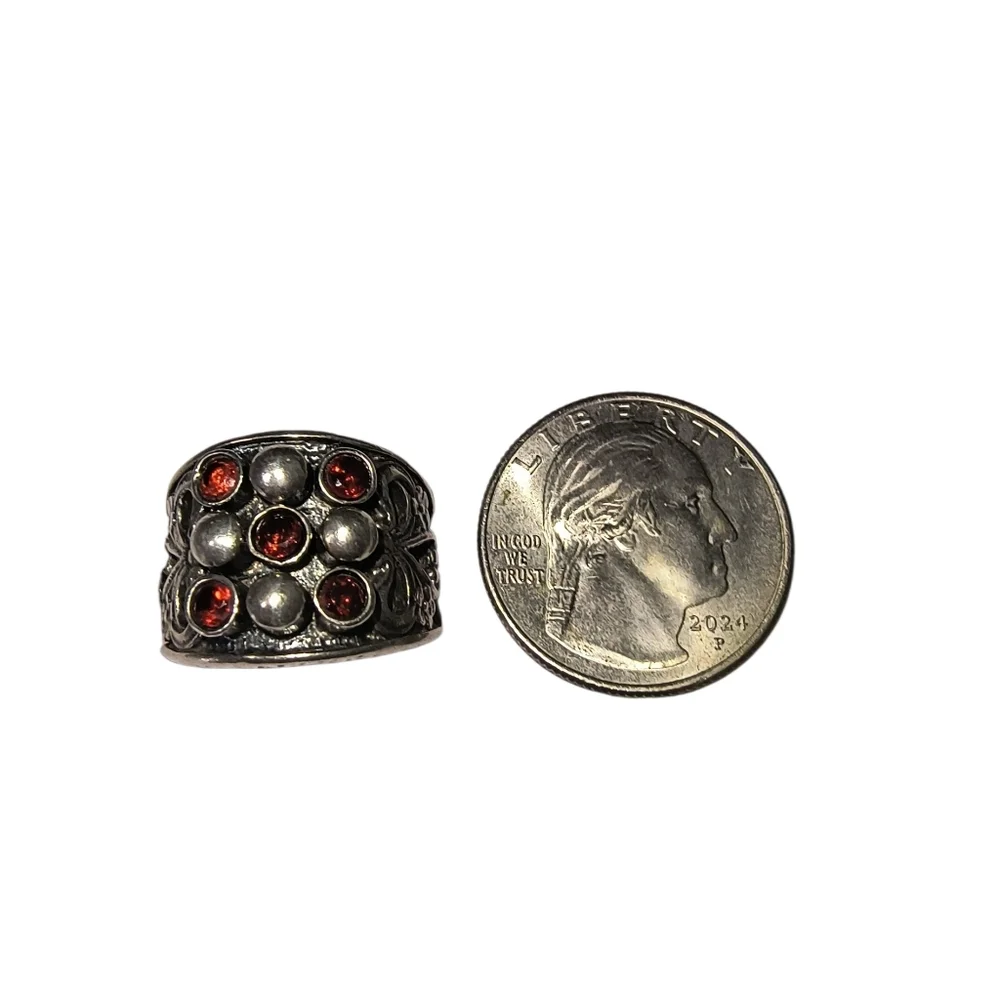 Vintage Garnet And Sterling Silver Wide Band Artisan Ring